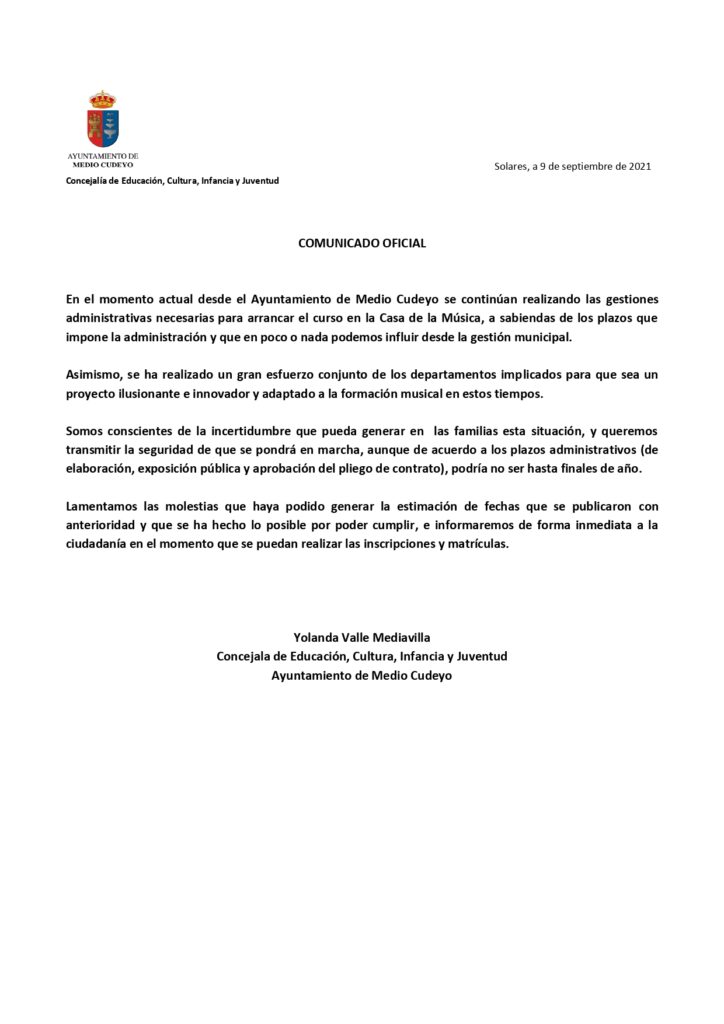 Comunicado oficial sobre la Casa de la Música